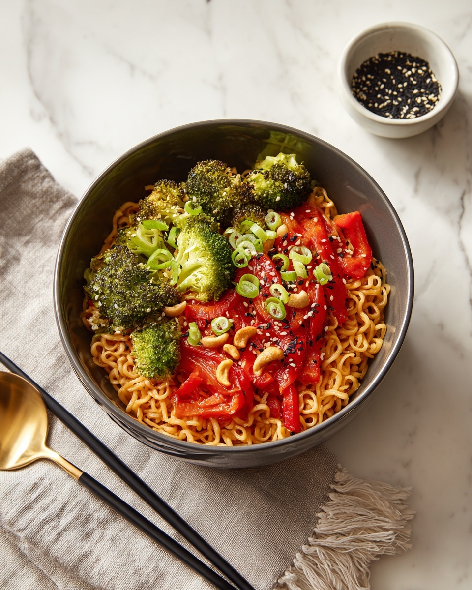 A bowl filled with yellow-orange curly noodles sits in the center, mixed with dark green broccoli florets, bright red roasted bell pepper pieces, and light brown cashew nuts scattered on top. Thin slices of green onions are sprinkled throughout the dish along with small black sesame seeds. The bowl is gray with a subtle gold rim and rests on a white marbled surface. Nearby, a small gray bowl holds black sesame seeds with a wooden spoon inside, and a pair of black chopsticks lies next to a fringed white cloth. photo taken with an iphone --ar 4:5 --v 7