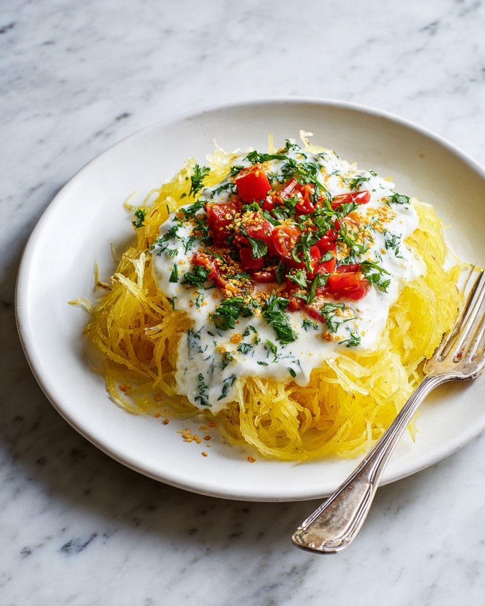 The dish shows a white plate with three clear layers. The first layer is a loose bed of yellow spaghetti-like strands, arranged in a small round pile that almost fills the plate. The second layer is a thick, smooth white sauce spread broadly over the central part of the yellow strands, with soft swirls visible in its texture. On top, there is a third layer made up of small, cut bright red cherry tomato pieces scattered around the center, along with a sprinkling of finely chopped green herbs and some yellow seasoning powder in the middle. A silver fork is placed on the right side of the plate, resting partly on the plate and partly on a white cloth with blue stripes. The background shows a white marbled surface. photo taken with an iphone --ar 4:5 --v 7