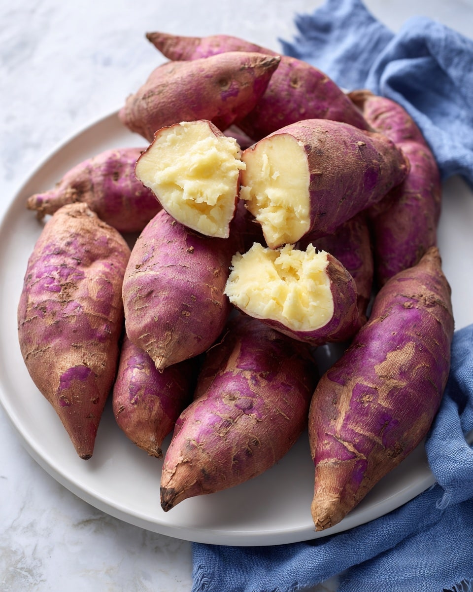 A white plate full of whole purple-skinned sweet potatoes with rough, textured skins. On top of the pile, two sweet potatoes are broken open to show soft, light yellow flesh inside with a slightly crumbly texture. The plate is placed on a white marbled textured surface, with a blue cloth partially visible at the right side. photo taken with an iphone --ar 4:5 --v 7