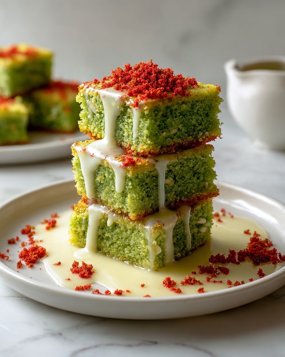 There is a stack of three square green brownies on a white plate. Each brownie is thick with a textured, moist green inside, and you can see white nut pieces inside the bottom brownie. A creamy white sauce is dripping down all three brownie layers, with some spreading onto the plate. Small bright red crumbles are scattered on top of the brownies, around the stack, and on the plate. The surface under the plate has a white marbled texture. Photo taken with an iphone --ar 4:5 --v 7