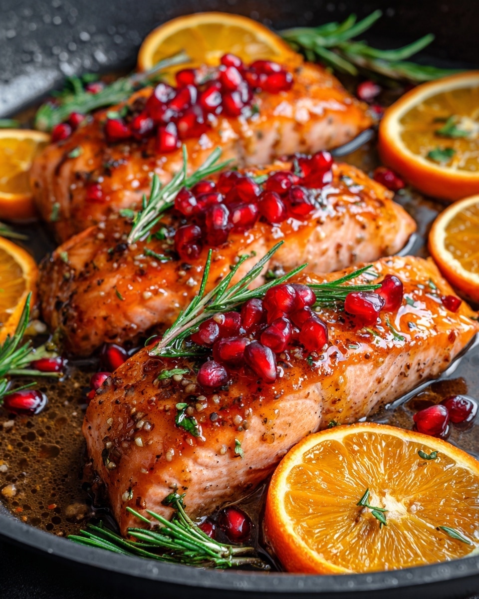 The image shows three pieces of orange glazed salmon in a black skillet. Each piece of salmon is covered with a shiny orange glaze that looks smooth and thick, with red pomegranate seeds scattered on top. There are a few bright orange slices placed around the salmon. Green sprigs of rosemary are laid on and around the fish, adding color contrast. The skillet sits on a white marbled surface. The overall look is fresh and colorful, with warm orange and red tones standing out. photo taken with an iphone --ar 4:5 --v 7