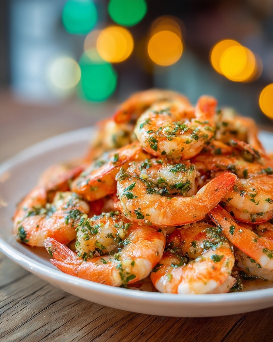 The image shows a pile of cooked shrimp with a light orange and pink color, sprinkled with small green chopped herbs evenly on top and throughout. The shrimp have a moist and shiny texture, gathered in a white bowl that has a dark brown rim. The bowl is placed on a wooden surface, but the background is changed to a white marbled texture with soft green bokeh lights. The shrimp sizes and shapes vary slightly, and a few shrimp tails are visible with a reddish color. The text