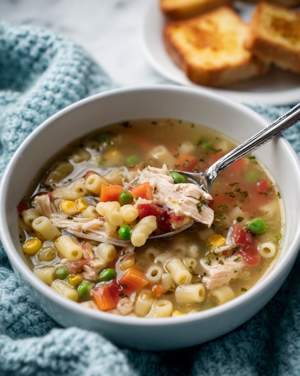 A white bowl filled with clear orange broth soup that has small, soft pasta rings scattered throughout. There are many pieces of light brown shredded chicken, bright green peas, yellow corn kernels, and small diced orange carrots floating in the soup. Red diced tomatoes and green bell pepper slices add color and texture, all mixed together in the liquid. A silver spoon inside the bowl holds a scoop of the soup, showing a close-up of the mixed ingredients. The bowl sits on a dark blue textured cloth over a white marbled surface. In the background, toasted bread pieces are blurred out. Photo taken with an iphone --ar 4:5 --v 7