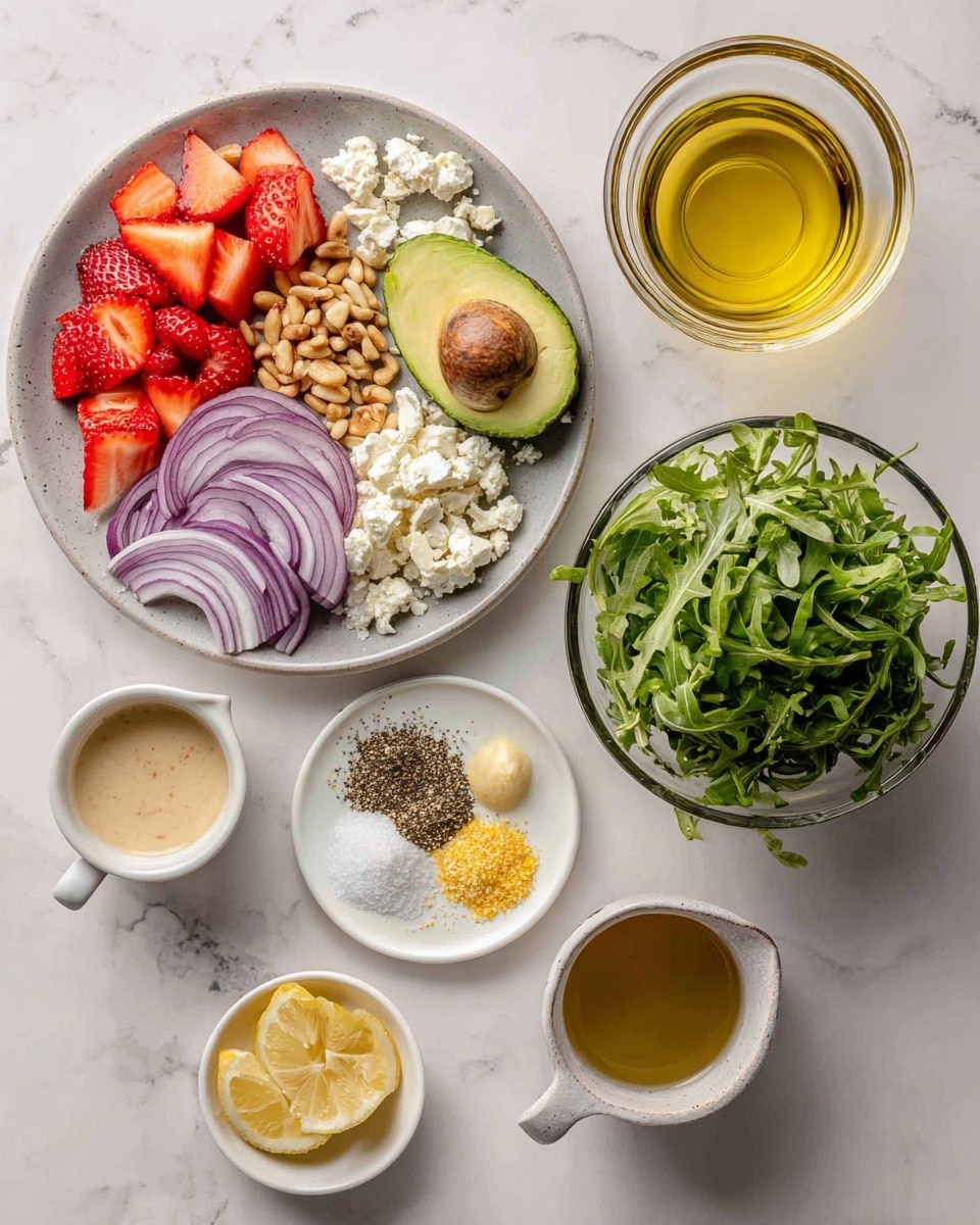 The image shows ingredients for a fresh salad arranged neatly on a white marbled surface. On the left, a light grey plate holds sliced red strawberries, thinly sliced purple onions in a semicircle, a halved avocado with the pit in place, a small pile of light brown pine nuts, and crumbled white feta cheese. Next to it, there is a small white dish with creamy beige-colored dressing. To the right, a clear glass bowl is filled with fresh green arugula leaves. Above the bowl is a small white plate with four piles of spices and seasonings: minced garlic, black pepper, salt, and yellow lemon zest. Nearby, there is a small glass jar with yellow-green olive oil, a small cup with light brown liquid dressing, and a small glass container with light yellow lemon juice. The arrangement is well lit and clean, photo taken with an iphone --ar 4:5 --v 7