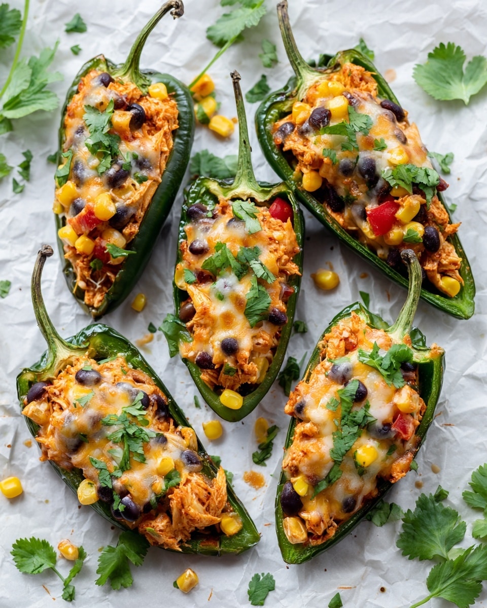 The image shows four green poblano pepper halves filled with a colorful mix of ingredients. Each pepper serves as the first layer, holding the filling. The second layer is made of a mix of light brown shredded chicken, bright yellow corn kernels, and small black beans scattered throughout. On top, a melted layer of white cheese covers the filling, with some lightly browned spots from baking. Small pieces of chopped green cilantro are sprinkled on the cheese and around the peppers. The peppers rest on a white marbled surface with some scattered bits of cilantro and cheese. photo taken with an iphone --ar 4:5 --v 7