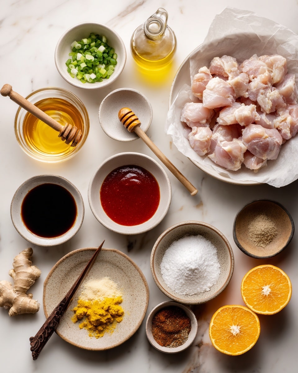 The image shows different ingredients arranged on a white marbled surface. On the right side, there is one large white bowl lined with parchment paper filled with raw, light pink chicken pieces. Around it, there are small bowls holding various ingredients: chopped green onions in a white bowl at top left, golden textured honey with a wooden honey dipper in a small glass bowl near the top, a clear glass bottle with yellow oil, and a small white bowl with dark soy sauce. Below these, there is a small white bowl with bright red sriracha sauce. There are mashed light yellow ginger in a small brown bowl, white powdery cornstarch in two small bowls (one beige and one brown), and orange zest in a tiny bowl beside a zester tool. Two hollowed orange halves rest next to a clear glass cup filled with bright orange juice. Spices, including a mix of powders on a speckled plate, chopped garlic in a brown bowl, salt & pepper on a small plate, and dark brown sugar in a small bowl are scattered around the setup. The photo taken with an iphone --ar 4:5 --v 7