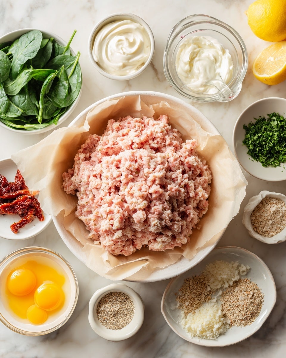 A white bowl lined with beige parchment paper holds a large pile of pale pink ground turkey with smooth and slightly uneven texture in the center. Around it, various small white bowls and dishes contain ingredients: bright green chopped parsley, creamy white Greek yogurt, off-white smooth mayonnaise, pale yellowish milk in a small glass measuring cup, orange-red sun-dried tomatoes with a rough texture, dark green fresh spinach leaves, a light yellow beaten egg with a smooth surface, finely minced garlic with a slightly moist texture, crumbly white feta cheese, beige breadcrumbs, and a small dish with mixed salt and black pepper. There is also a white plate with scattered dried seasonings in different shades of beige, light green, and brown, and two yellow lemon halves on the white marbled background. Photo taken with an iphone --ar 4:5 --v 7