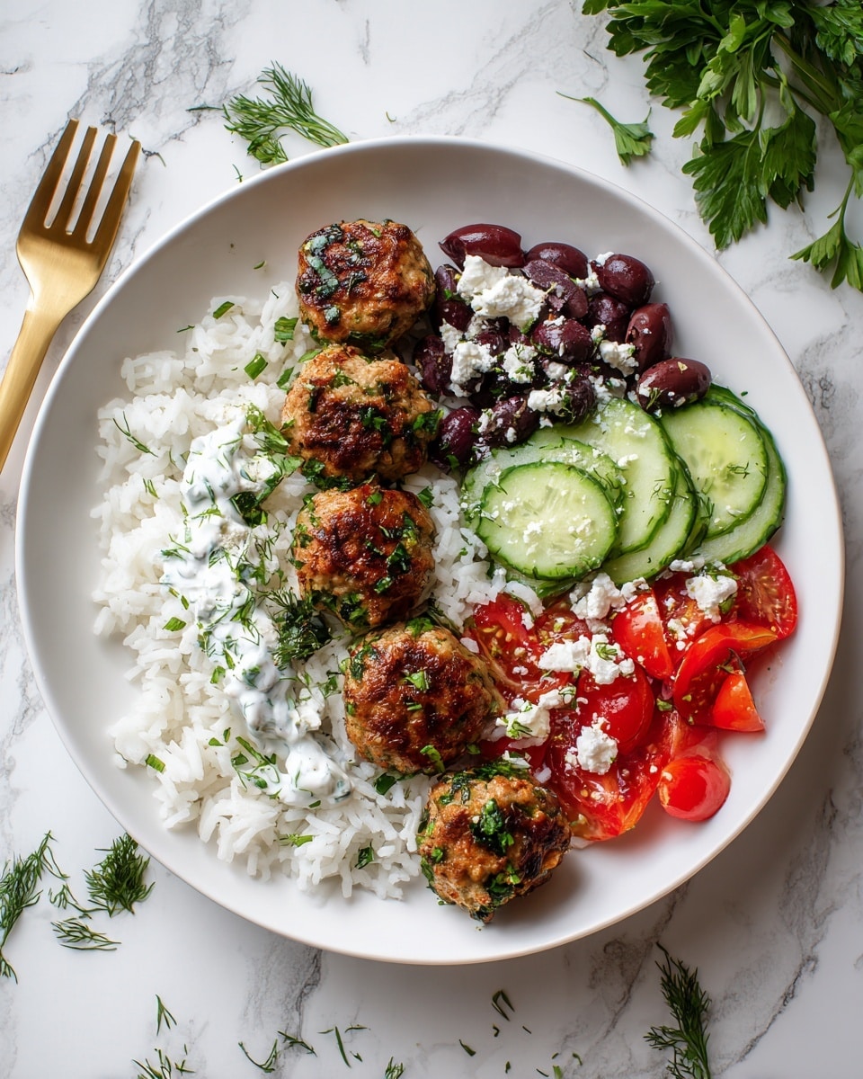 A white bowl filled with a base layer of cooked white rice, topped with six golden-brown falafel balls mixed with green herbs and small bits of sun-dried tomatoes, scattered with white crumbled cheese and fresh green herb sprigs. On the right side, there are vibrant dark purple kalamata olives cut in halves, bright green thin cucumber slices with a light sprinkle of cheese and herbs, and fresh red cherry tomato halves with black pepper and herbs sprinkled on top. A dollop of white creamy sauce with herbs is placed near the tomatoes and cucumbers. A golden fork rests on the left side inside the bowl. The bowl is set on a white marbled surface with small green herb sprigs scattered around and a small bowl of chopped green herbs and dark olives partially visible on the top left. Photo taken with an iphone --ar 4:5 --v 7