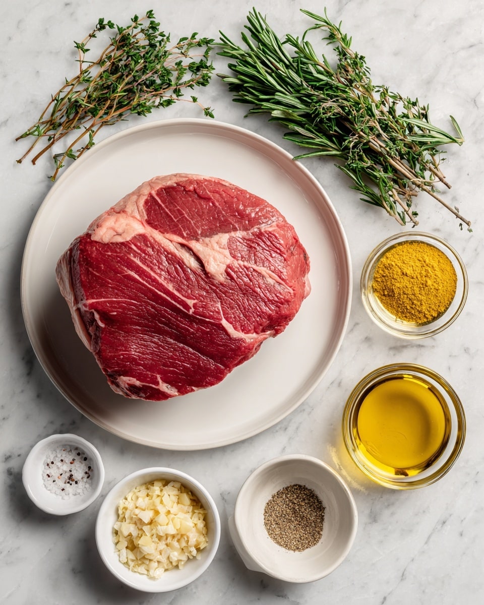 A large piece of red top round roast sits centered on a white plate with smooth edges, placed on a white marbled surface. To the top right of the plate, there are fresh green herb sprigs including rosemary and thyme. Below them, a small white bowl holds yellow ground mustard and light beige onion powder. To the bottom right, a clear glass bowl contains golden olive oil. Below the olive oil, a small white bowl has pale beige minced garlic. To the left of the garlic, a small clear bowl has a mix of white salt and black pepper. To the right of the salt and pepper, there is a darker liquid in a small clear bowl labeled Worcestershire. The overall scene is clean, neat, and arranged for cooking preparation. photo taken with an iphone --ar 4:5 --v 7
