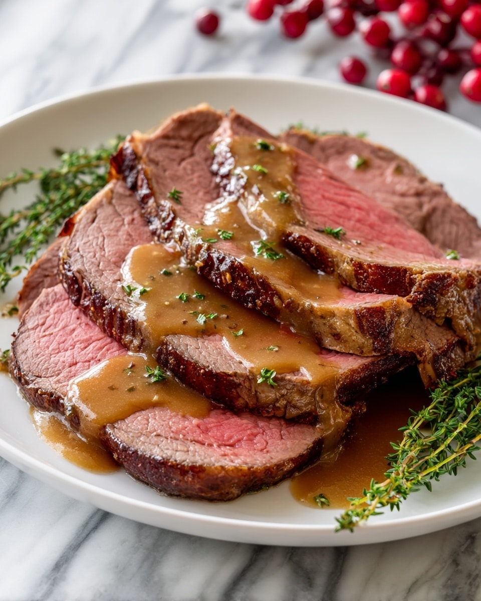 The image shows several slices of medium-rare roast beef arranged on a white plate. Each slice has a pinkish-red center with a brown outer edge and a slightly juicy texture. A light brown sauce is drizzled over the top, adding shine and moisture. Bright green chopped herbs are sprinkled over the beef, giving a fresh look. Around the edge of the plate, there are sprigs of green thyme and clusters of small, round red berries, which create a festive and natural touch. The background is a white marbled surface. photo taken with an iphone --ar 4:5 --v 7