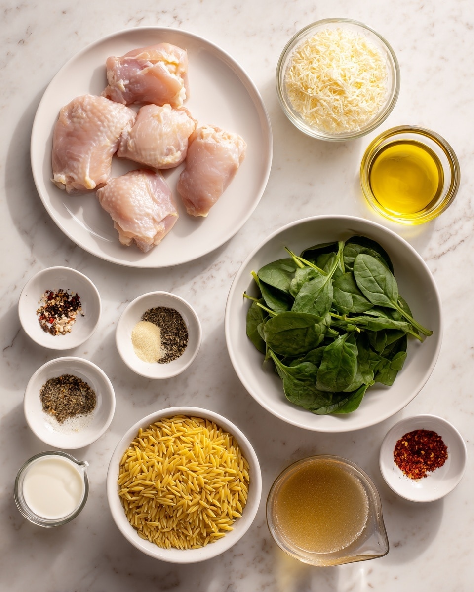 The image shows ingredients neatly arranged on a white marbled surface. At the top left, there is a white plate holding four raw chicken pieces with a light pink, smooth texture. To the right of the chicken, a small white bowl contains light yellow olive oil. Below that, a clear glass bowl is filled with grated pale yellow parmesan cheese. Next to it, a white bowl holds fresh dark green spinach leaves with a slightly crinkled texture. Below the spinach, a white bowl is filled with golden-yellow orzo pasta. To the left of the orzo, a small white dish has a mix of seasonings including black pepper, red paprika, and light brown garlic powder. Near the bottom left, a clear glass cup is filled with white cream. To the right of cream, there’s a small bowl with red pepper flakes and another white bowl with dried Italian seasoning. Finally, at the bottom right, a clear measuring cup contains amber-colored broth, and a small white dish holds minced garlic. All items are clearly separated and presented cleanly. Photo taken with an iphone --ar 4:5 --v 7