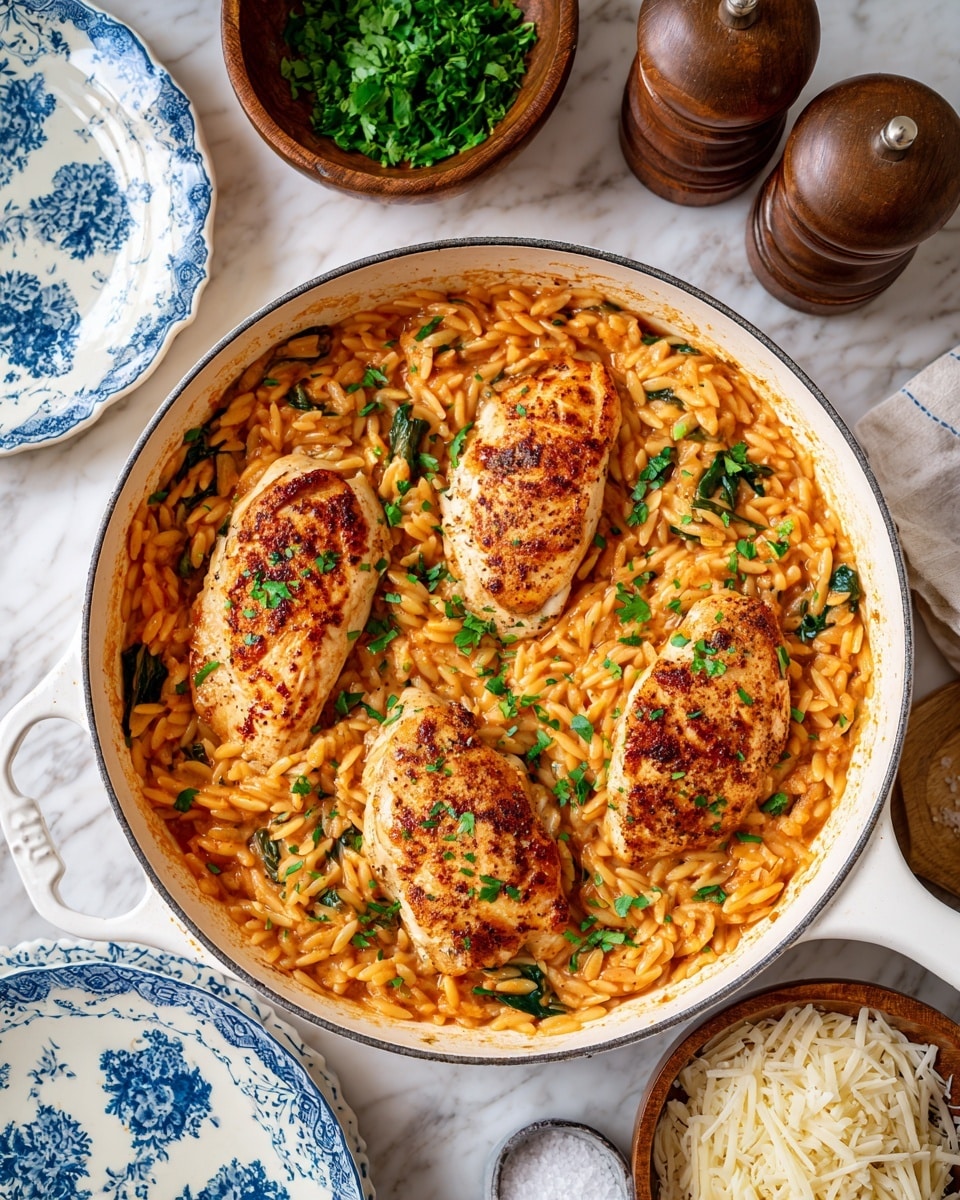 A large white pot filled with a creamy orange-colored orzo and sauce base, mixed with green spinach leaves scattered throughout. On top, four browned, seasoned chicken pieces sit partially covered by the sauce, with small green herb flakes sprinkled over everything. A wooden spoon is partially dipped into the mixture on the right side. In the background, there are two small bowls, one with chopped green herbs and the other with shredded white cheese, all set on a white marbled surface, along with salt and pepper shakers and a white and blue patterned cloth. photo taken with an iphone --ar 4:5 --v 7