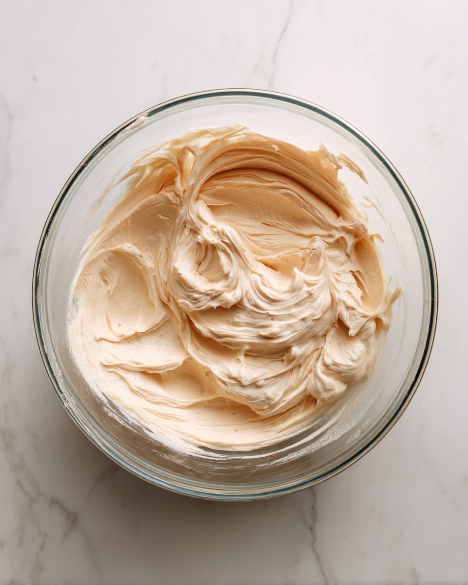 A clear glass bowl sits on a white marbled surface, filled with a creamy, light beige mixture that has a smooth and soft texture with some swirls and folds showing motion from stirring. The mixture covers most of the inner surface of the bowl but the bottom glass is visible beneath it. The lighting is soft, highlighting the thick and whipped consistency of the mixture. photo taken with an iphone --ar 4:5 --v 7