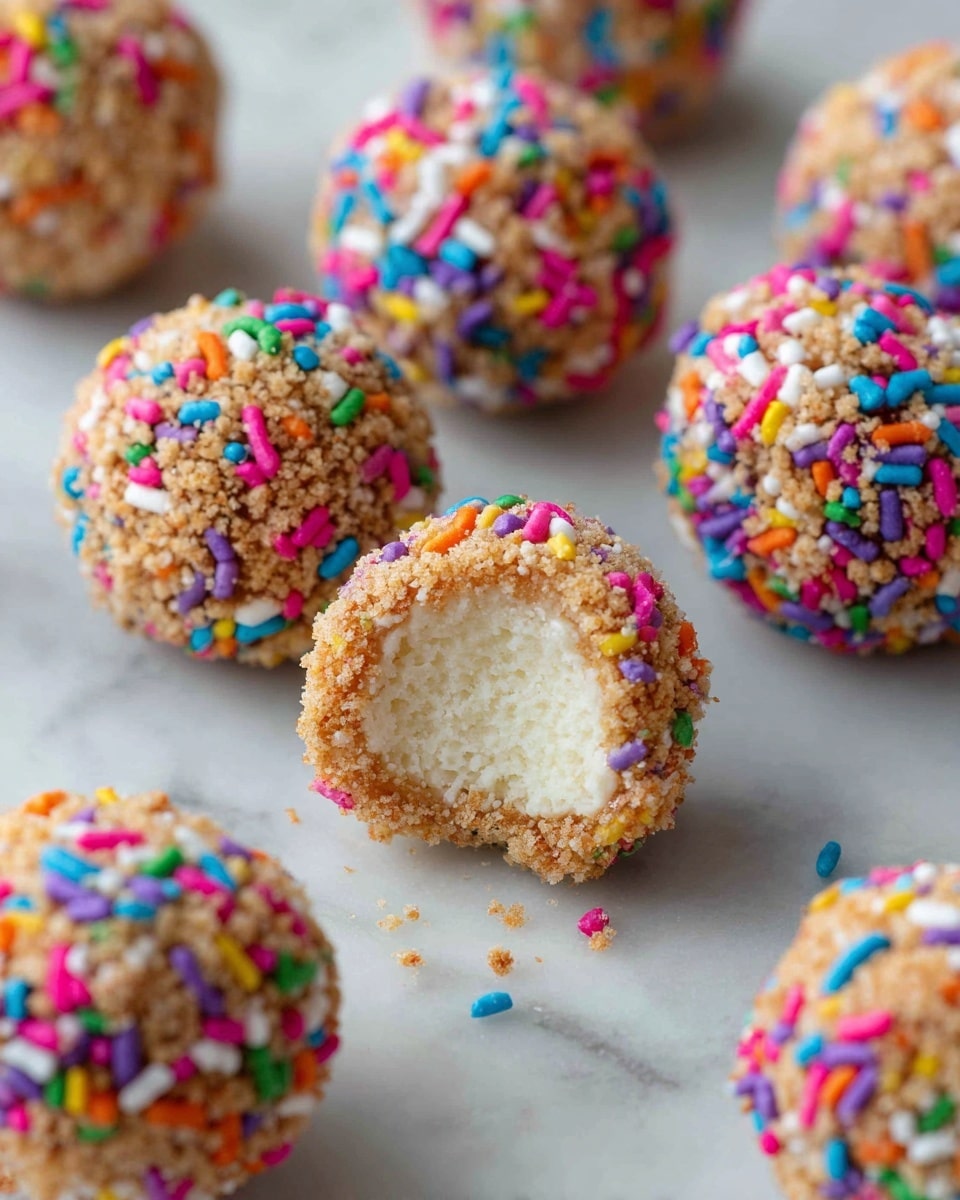 The image shows a group of small round balls on a white marbled surface, with two types of coatings. One type has a thick coating made of colorful, elongated sprinkles in bright colors like pink, blue, green, orange, white, and purple, covering the outer layer, while the inside is creamy beige and soft, shown by one ball with a bite taken out. The other type is covered in a crumbly, light brown cookie-like layer with a rough texture. The balls are randomly placed, some touching each other, creating a colorful and textured mix. photo taken with an iphone --ar 4:5 --v 7