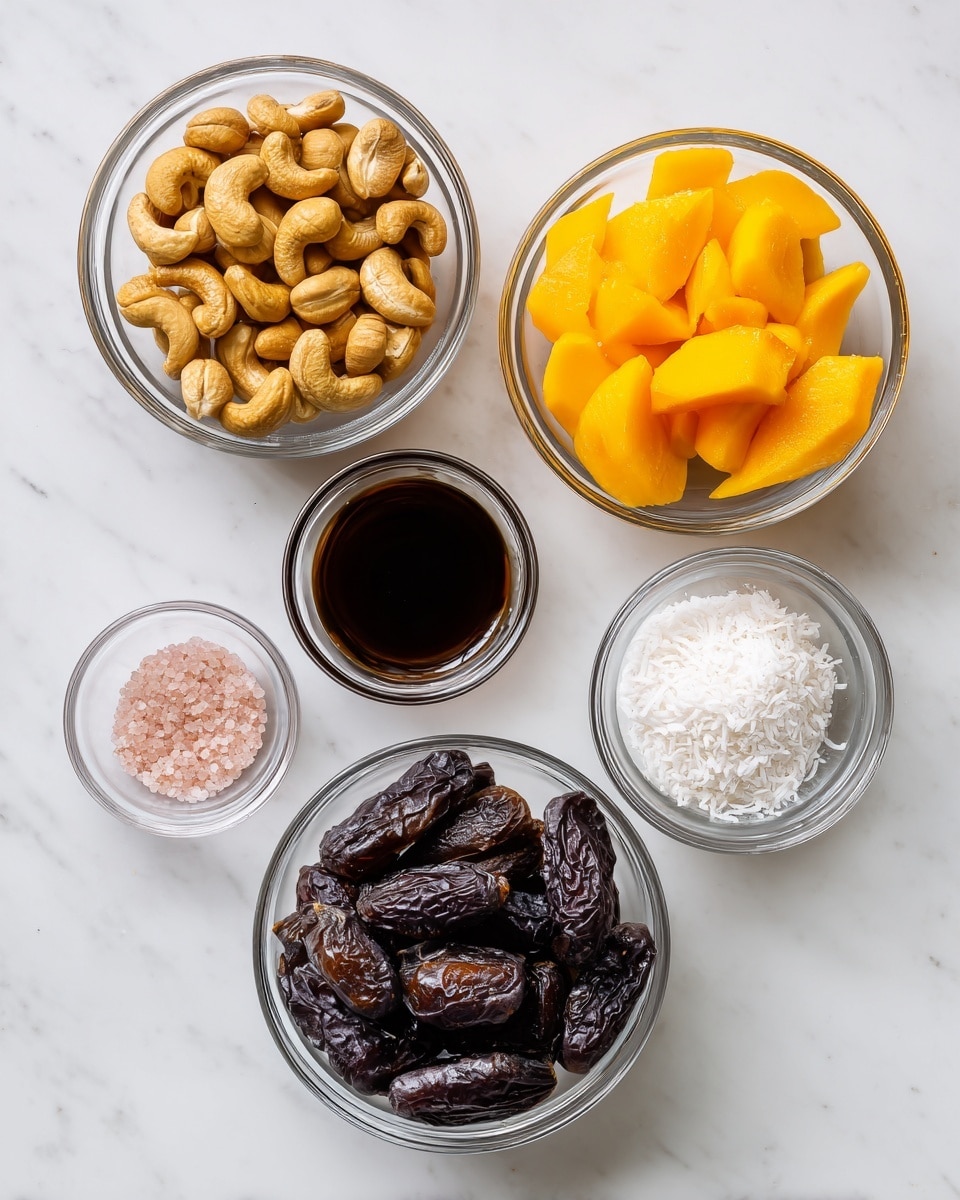 Five clear glass bowls are arranged on a white marbled surface, each containing a different ingredient. The top left bowl is filled with medium brown cashews. Next to it on the right, a bowl holds bright orange dried mango slices. Below the cashews, a small bowl contains dark brown vanilla extract. To the right of the vanilla, another bowl is filled with fine, white shredded coconut. At the bottom right, a larger bowl is full of dark, wrinkled medjool dates. Finally, at the bottom left, a tiny bowl holds pale pink sea salt crystals. Each bowl is clearly labeled with bold black text on a white background above or near it. Photo taken with an iphone --ar 4:5 --v 7