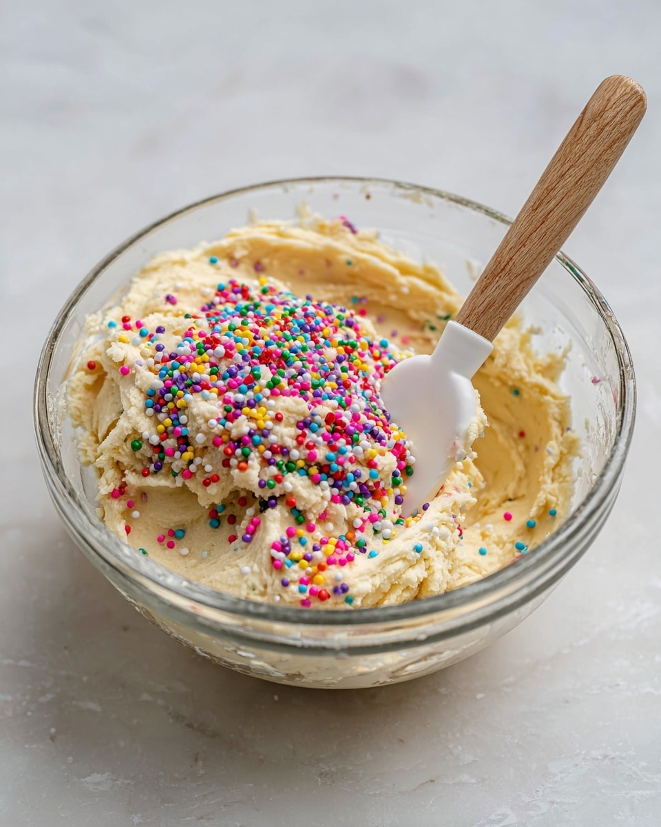 A clear glass bowl sits on a white marbled surface, containing creamy, pale yellow dough with a soft texture. On top of the dough, there is a mound of small, colorful round sprinkles in red, green, blue, yellow, purple, white, and pink. A spatula with a wooden handle and white silicone head rests inside the bowl, partially covered in the dough. The background is soft and light, keeping focus on the bowl and dough. photo taken with an iphone --ar 4:5 --v 7