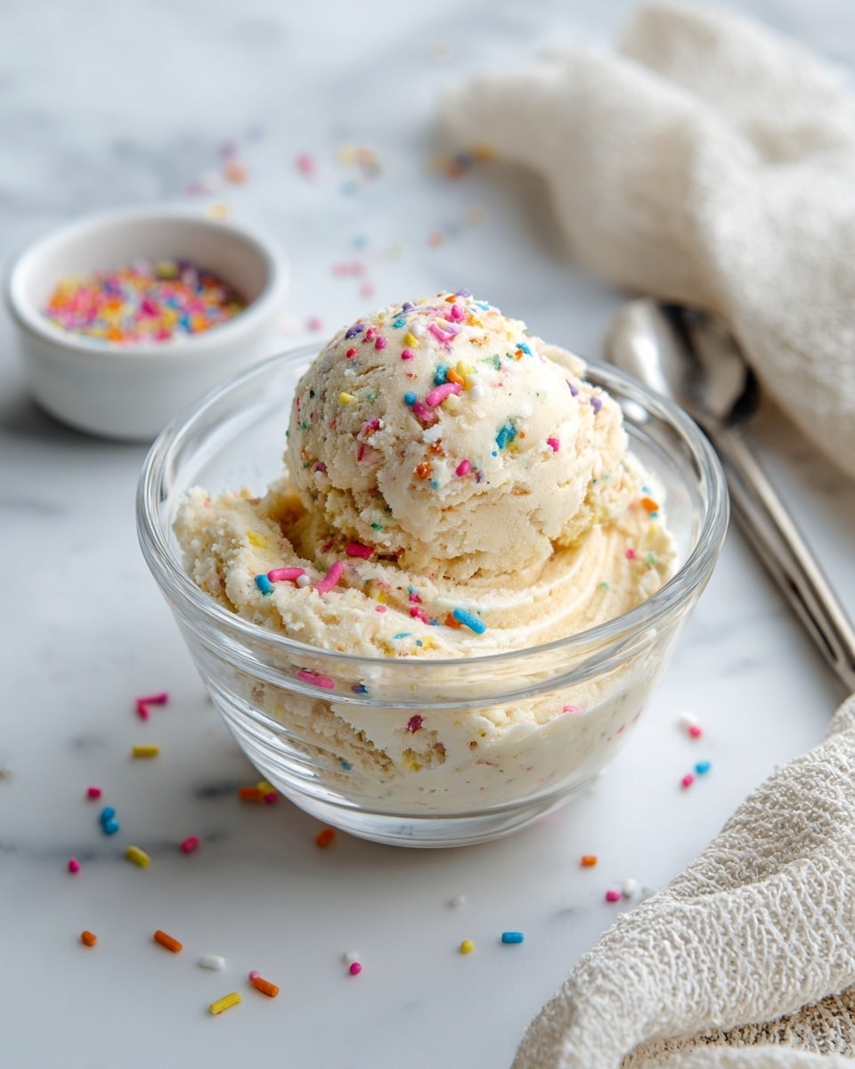A close-up image of a glass cup filled with a creamy light beige dough or batter with colorful small round sprinkles mixed and sprinkled on top. The dough has one large rounded scoop sitting on top of a thicker layer of dough inside the cup, showing a soft, slightly lumpy texture. The background is a white marbled surface with scattered sprinkles, a light beige towel in the upper right corner, and an open metal scoop with some dough residue on the lower right. There is also a partial glimpse of stacked white bowls in the upper left. Photo taken with an iphone --ar 4:5 --v 7