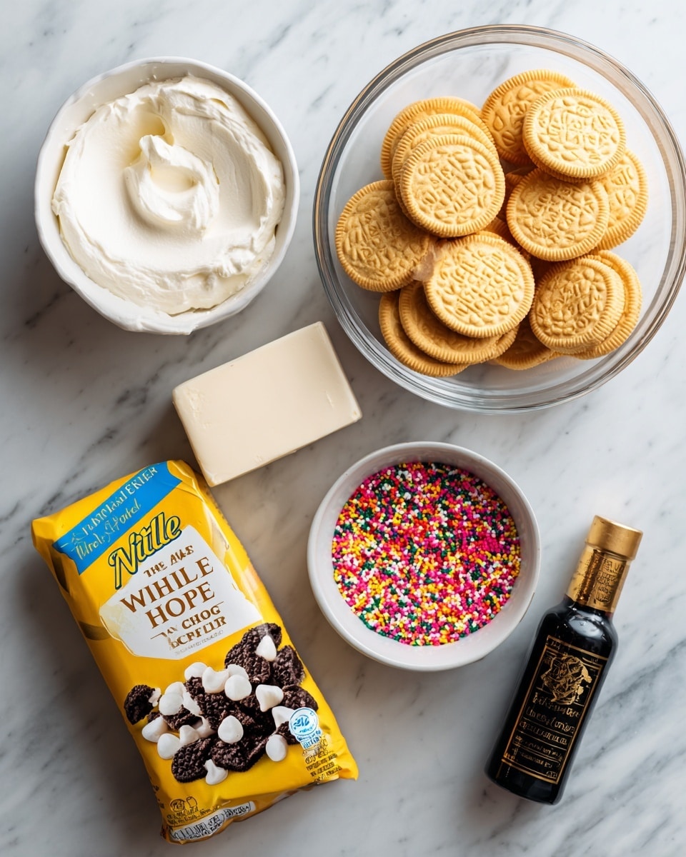 A top view of five ingredients placed on a white marbled surface. On the top left is a small white bowl holding a block of cream cheese, which is creamy white and smooth. Next to it on the right is a large clear glass bowl filled with golden Oreos, light golden brown, each cookie showing detailed patterns on top, stacked neatly. Below the cream cheese is a bright yellow and blue package of Nestle Toll House white chocolate chips, featuring an image of dark chocolate cookies with white chips. To the right of that is a small white bowl filled with colorful sprinkles in red, yellow, green, pink, and orange, adding a bright pop of color. On the far right is a small black bottle of vanilla extract with a gold design near the top, standing upright. All items are arranged neatly on the white marbled texture. photo taken with an iphone --ar 4:5 --v 7