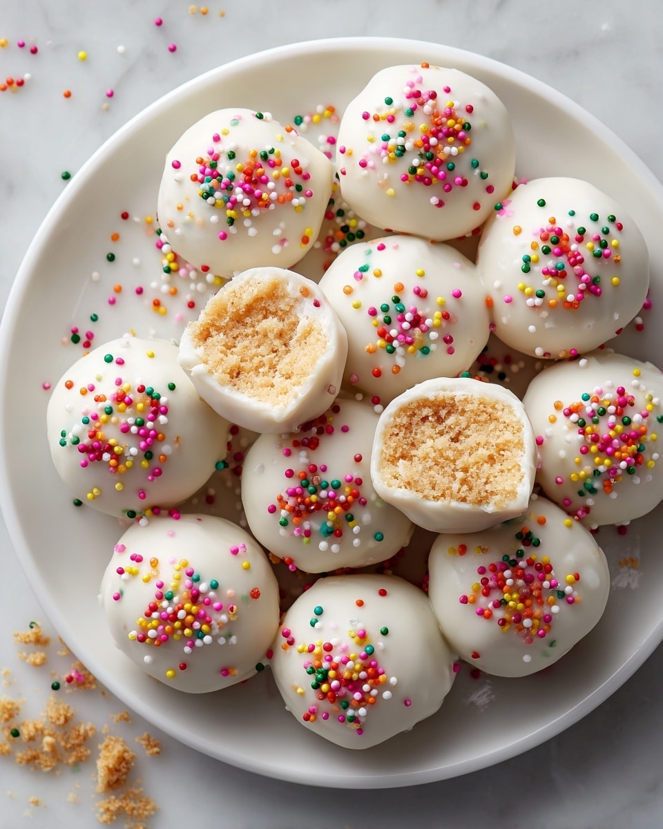 A white plate holds seven round treats covered in smooth white coating, each topped with small colorful sprinkles in shades of red, yellow, green, pink, orange, and white. One treat is broken open in the front, showing a soft, crumbly light brown interior. The white coating has a slightly shiny texture and gentle swirls. The plate rests on a white marbled surface, and some scattered sprinkles are visible around it. Photo taken with an iphone --ar 4:5 --v 7