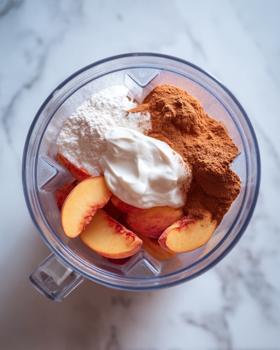 Inside a clear blender, there are four main layers visible: at the bottom, there are bright orange peach slices with some red near the edges; on the left side, a small pile of white powder is sprinkled lightly over the peach; to the right, a medium pile of smooth cinnamon powder sits on the peaches; and on top, a dollop of thick white yogurt rests in the center. The blender is set against a white marbled surface. photo taken with an iphone --ar 4:5 --v 7
