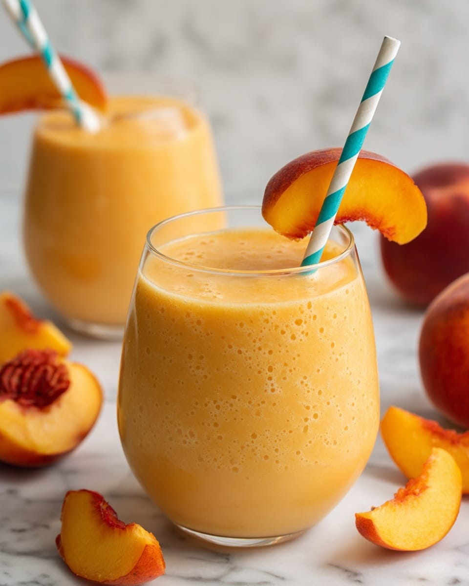 A close-up view of two clear glasses filled with a creamy, light orange peach smoothie, each glass topped with two blue and white striped paper straws and garnished with a fresh peach slice hanging on the rim. Around the glasses, there are whole peaches and several peach slices scattered on a white marbled surface, adding a fresh and vibrant look. The smoothie appears thick and smooth with small bubbles on the surface, highlighting its creamy texture. Photo taken with an iphone --ar 4:5 --v 7