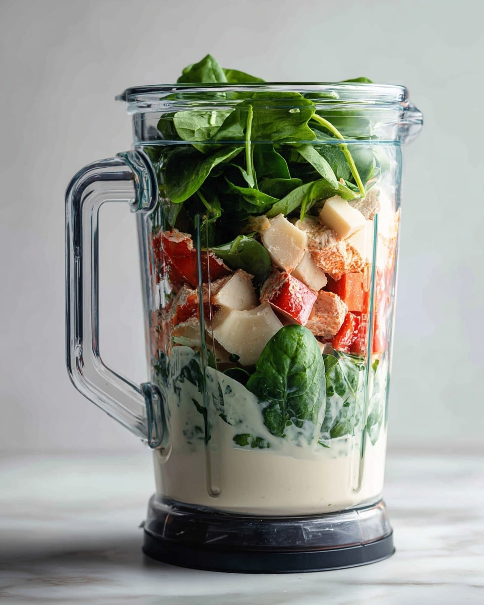 A clear blender jar filled with layers of ingredients starting at the bottom with a creamy white liquid, followed by chunks of light beige and red pieces with visible skin, and topped with a thick layer of fresh green spinach leaves. The blender has a black handle and is placed on a white marbled surface. The background is plain and light, highlighting the vibrant colors inside the blender jar. photo taken with an iphone --ar 4:5 --v 7