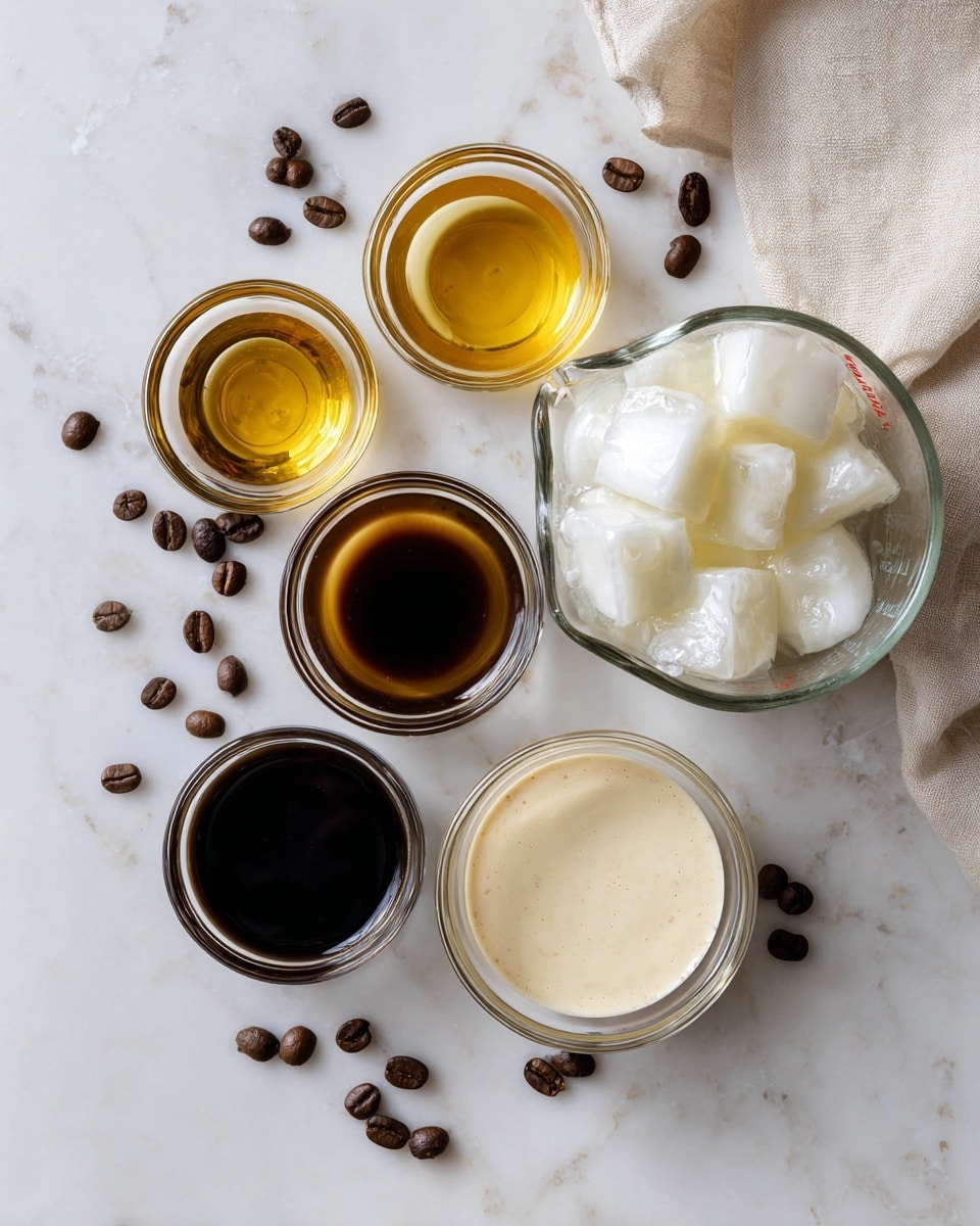 The image shows six clear glass bowls and a glass measuring cup arranged on a white marbled texture. The glass measuring cup, filled with chunky white ice cubes, is placed at the center right. Surrounding it, starting from the top left and moving clockwise, there is a small bowl with a golden yellow liquid, a bowl with thick dark brown sauce, a small bowl with creamy white liquid, another bowl with light brown liquid, and at the bottom left, a bowl with a very dark, almost black liquid. Scattered coffee beans are placed around the bowls, and a light beige cloth rests at the top right corner, adding softness to the scene. Photo taken with an iphone --ar 4:5 --v 7