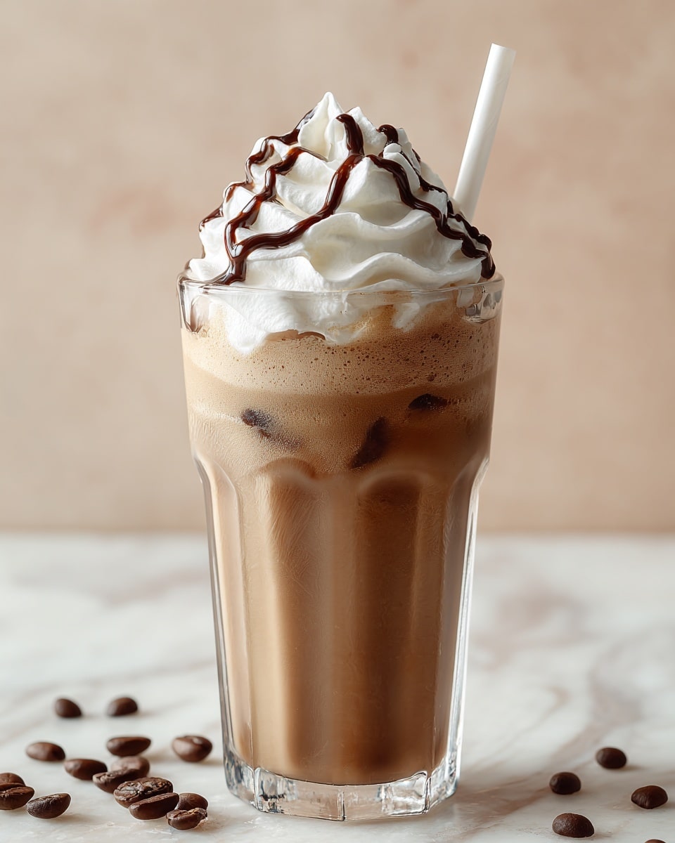 A tall clear glass filled with a light brown creamy drink with a frothy texture, topped with a large swirl of white whipped cream. Dark chocolate sauce is drizzled over the whipped cream in thick lines, and fine cocoa powder is sprinkled on the drink's surface and cream. A clear straw is placed on the right side of the glass, all set against a white marbled textured background with a few dark chocolate pieces scattered around. Photo taken with an iphone --ar 4:5 --v 7