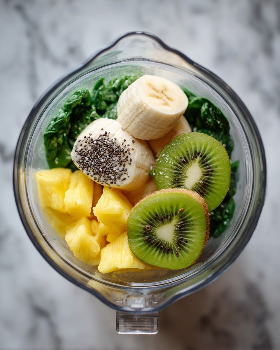 Inside a clear blender jar, the bottom layer shows bright yellow pineapple chunks on the left, surrounded by green leafy spinach. Above and slightly to the right are two frozen light beige banana pieces, dusted with small black chia seeds. On the right side, fresh green kiwi slices with dark seeds in the center rest on top of the other ingredients. The whole scene is set on a white marbled surface. photo taken with an iphone --ar 4:5 --v 7