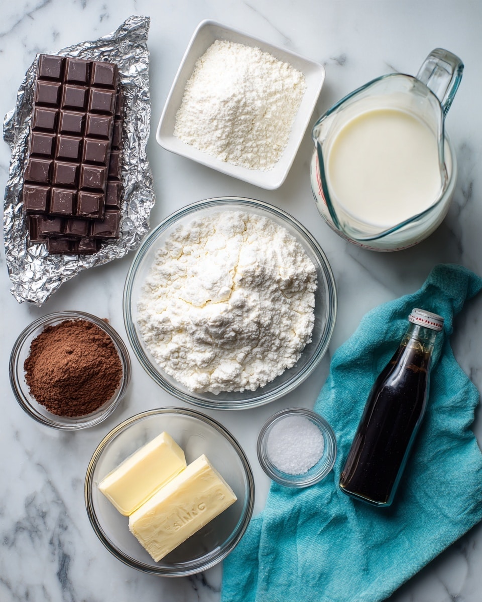The image shows various baking ingredients arranged neatly on a white marbled surface. There is a large clear glass measuring cup filled with whole milk placed near the center-right. Above it, a small white square bowl contains cornstarch. Next to the cornstarch is a clear round bowl filled with white sugar. A small glass bowl with butter sits below the measuring cup, while a dark bottle of vanilla extract lies to the right of the butter on a teal cloth. On the left side, two dark chocolate bars partially wrapped in silver foil rest near a small bowl with cocoa powder, and above them is a glass salt shaker filled with salt. Each ingredient is labeled clearly in black and white text. The setup is clean and organized, giving a clear view of each item. photo taken with an iphone --ar 4:5 --v 7
