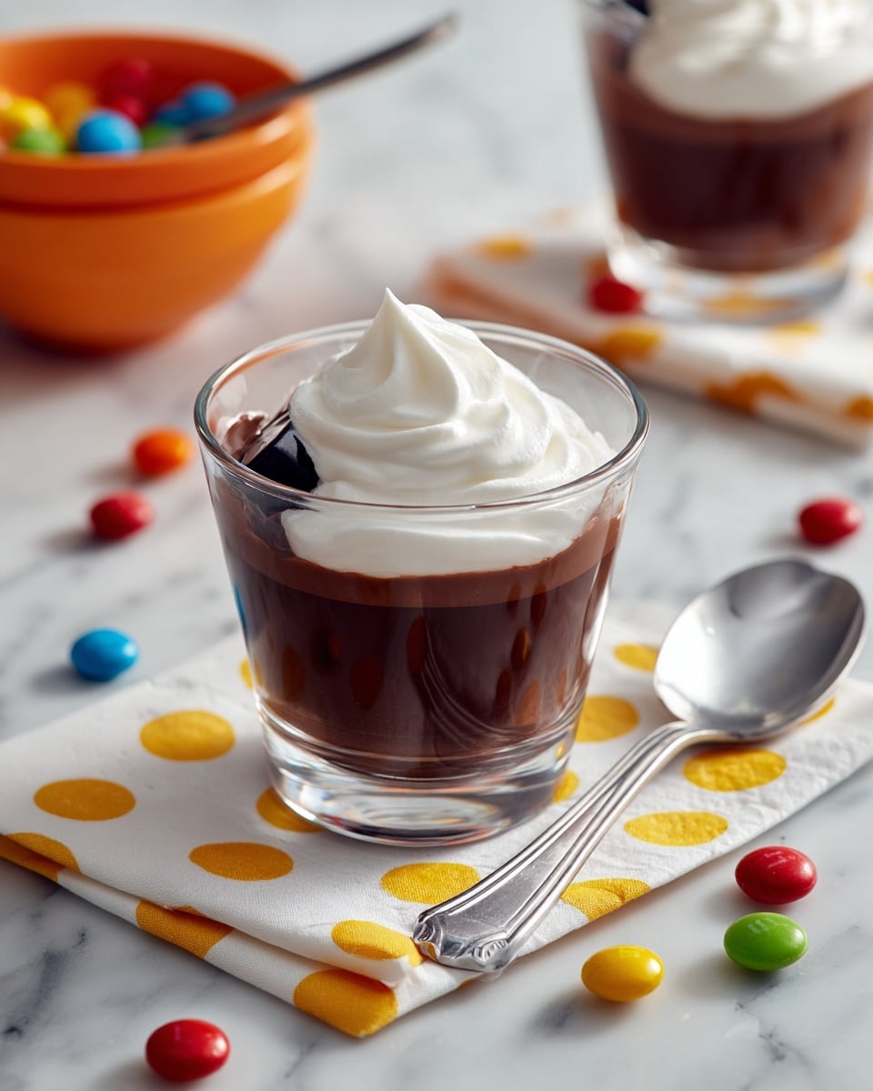 A clear glass with a short stem holds a dark chocolate pudding layer that fills almost all the glass, topped with a thick, smooth white whipped cream layer. The glass stands on a white napkin with big yellow dots, placed on a white marbled surface. Scattered near the bottom of the glass are colorful round candies in red, green, blue, and orange. To the right of the napkin is a shiny silver spoon. In the background, there is a blurred glass with the same layers and an orange textured bowl holding white cream and a wooden spoon inside. A small white dish with more colorful candies is also visible on the right side. The overall look is bright, clean, and playful. photo taken with an iphone --ar 4:5 --v 7