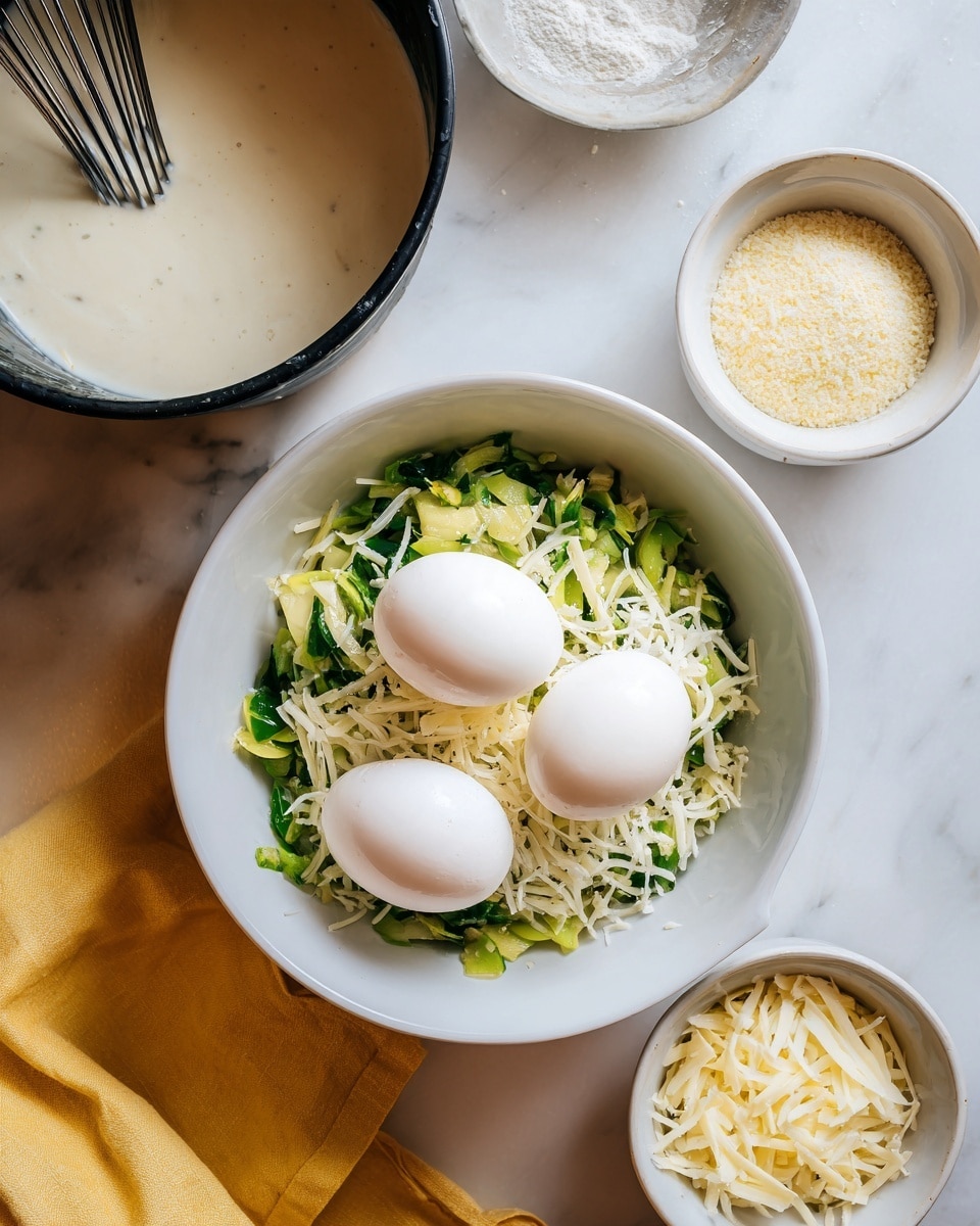 The image shows a white bowl filled with three whole peeled boiled eggs placed on a layer of green chopped vegetables, topped with shredded white cheese. To the left of the bowl, there is a black pot with creamy white sauce inside and a whisk resting on a yellow cloth. On the right side of the bowl, two small white bowls hold more shredded white cheese and a light yellow powder, respectively. Everything is set on a white marbled surface. photo taken with an iphone --ar 4:5 --v 7