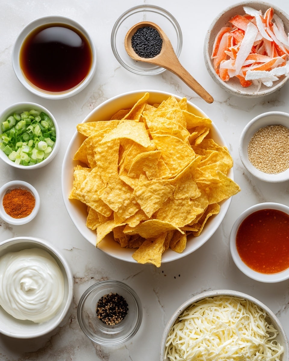 A white bowl filled with golden yellow tortilla chips sits in the center of the image on a white marbled textured surface. Surrounding the bowl of chips are small white bowls and dishes containing the ingredients needed for the dish: shredded white mozzarella cheese with a soft texture, a white creamy half-and-half cream, finely chopped green onions showing bright green layers, thinly sliced imitation crab meat with white and orange layers arranged in a white bowl, smooth cream cheese, reddish sweet chili sauce, dark brown Worcestershire sauce, light yellow sesame oil, clear soy sauce, rich red garlic chili oil, and small dishes with light brown garlic powder, onion powder, fresh black sesame seeds, and ground black pepper. A small wooden spoon holding black sesame seeds is also visible. photo taken with an iphone --ar 4:5 --v 7