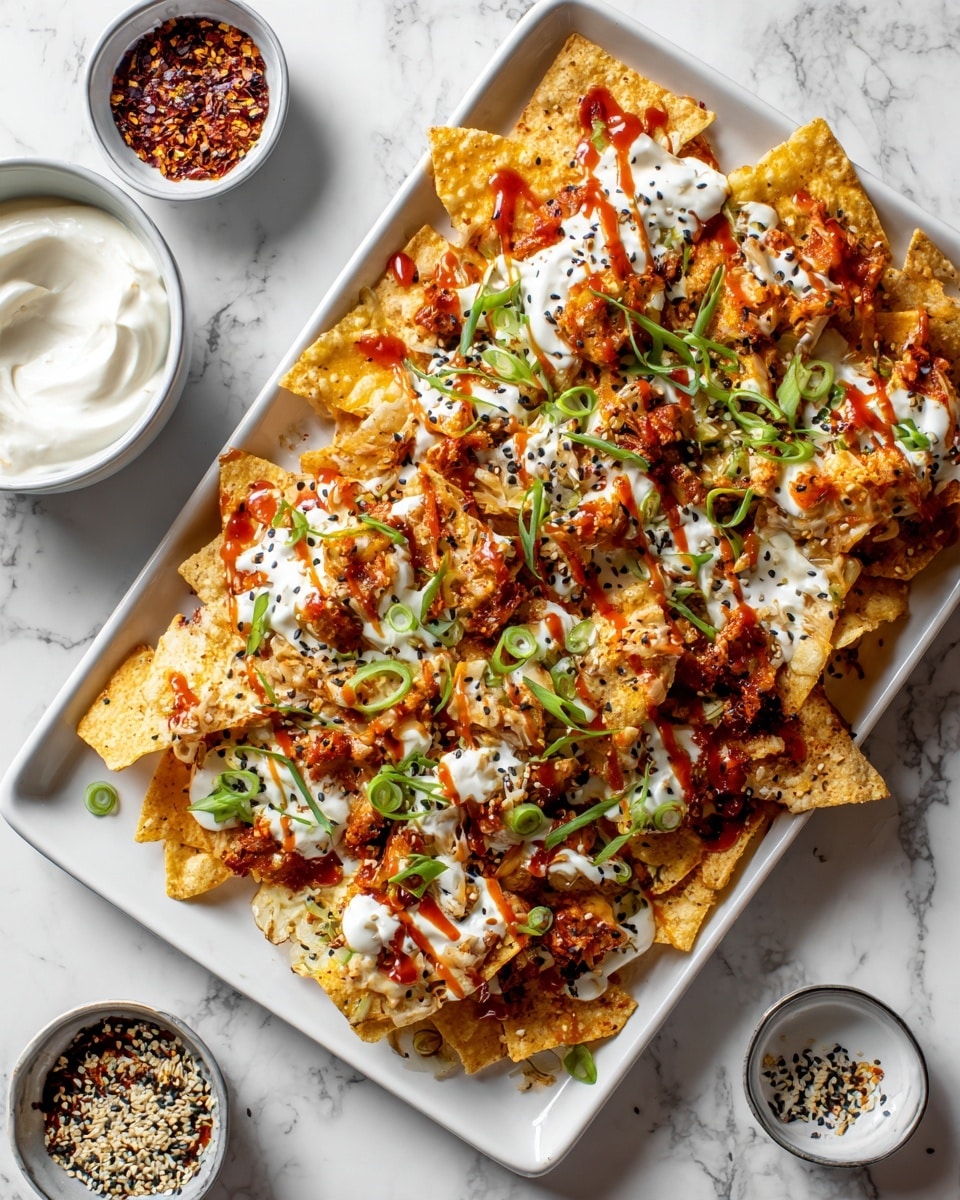 A white rectangular tray is filled with crispy, golden brown triangular chips layered evenly. The chips are topped with small pieces of pale pink cooked meat, white creamy sauce drizzled in thin lines, bright orange sauce pools, and sprinkled with chopped green onions and black sesame seeds. The tray sits on a white marbled surface surrounded by small bowls containing red chili flakes, a white creamy sauce with a spoon, and black and white sesame seeds. Photo taken with an iphone --ar 4:5 --v 7