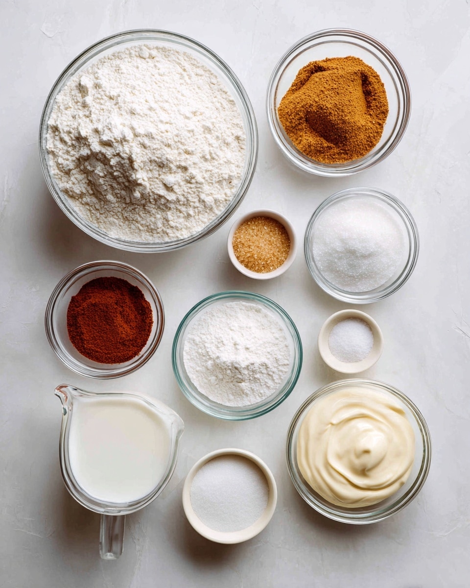 This image shows a white marbled surface with nine small clear glass bowls and a clear glass measuring cup arranged neatly in a grid. In the top left is a large bowl filled with white flour that has a soft, powdery texture. Next to it, towards the right, are smaller bowls containing brown sugar with a moist, crumbly texture, and white baking powder with a fine powder texture. Below these, a small bowl holds ground cinnamon, showing a rich reddish-brown powder. To its right, two clear glass bowls have heavy cream, smooth and white, and melted butter that is light yellow and liquid. At the lower left corner, a clear measuring cup contains white buttermilk with a milky, creamy look. Next to it, two smaller bowls hold white sugar with fine grains and white salt with a slightly coarse appearance. The entire setup sits on a clean white marbled surface with soft natural lighting. Photo taken with an iphone --ar 4:5 --v 7