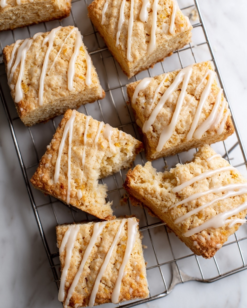 The image shows nine golden-brown square scones placed on a silver cooling rack over a white marbled surface. Each scone has a rough, crumbly texture with a light drizzle of white icing over the top, creating thin, uneven lines. The scones appear soft and slightly crumbly inside, with some pieces showing a bit of the tender interior. The overall color is warm and inviting, with the golden crust contrasting nicely with the smooth, glossy icing on top. photo taken with an iphone --ar 4:5 --v 7