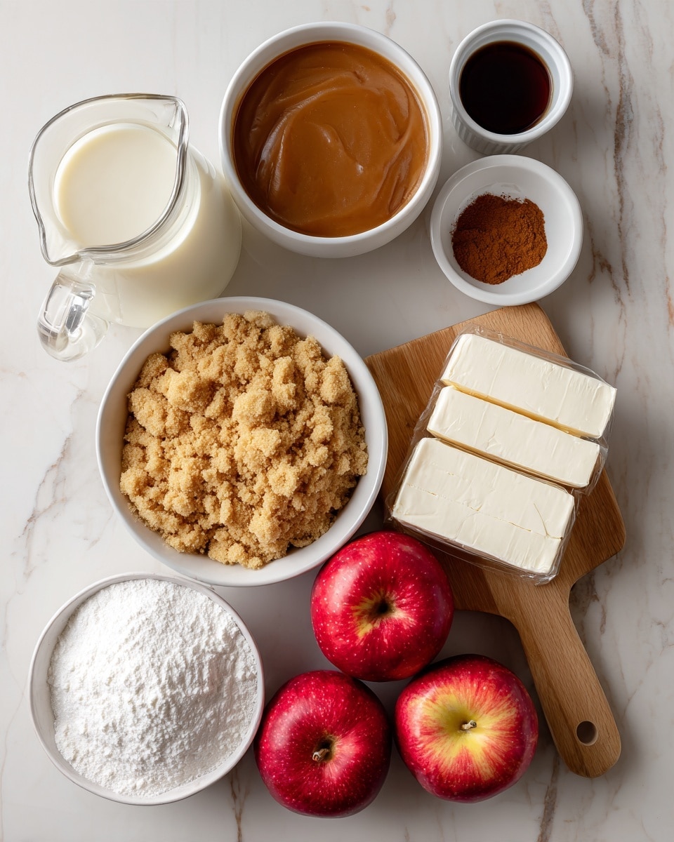 The image shows several ingredients neatly arranged on a white marbled surface. There are three red apples grouped near the center-right. Two rectangular blocks of white cream cheese sit on a small wooden board on the right side. A white bowl filled with a light brown crumbly mixture is near the left side. Next to it, a small white cup holds a dark liquid, and a smaller white bowl contains a brown spice powder. Above these, a larger white bowl is filled with smooth brown caramel sauce. On the left edge, a small clear glass pitcher contains milk. At the bottom center, a white bowl is filled with white powdered sugar. The ingredients are spaced evenly and clearly visible, arranged to show a variety of colors and textures. Photo taken with an iphone --ar 4:5 --v 7