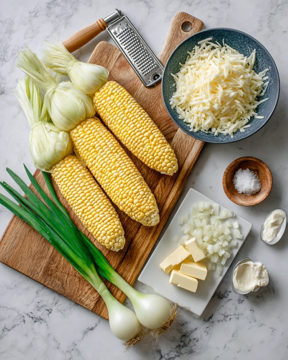 Four ears of yellow corn with pale green husks, placed on a wooden cutting board next to a pile of finely chopped white onions and three green onions with white bases lying crosswise beneath. To the right of the board, on a white marbled surface, there is a white bowl filled with shredded mozzarella cheese, a small white rectangular plate with four chunks of butter, a small dark blue bowl containing minced garlic, a small brown bowl holding a dollop of white mayonnaise, and a silver spoon with salt. A grater with a wooden handle lies above the bowls. photo taken with an iphone --ar 4:5 --v 7
