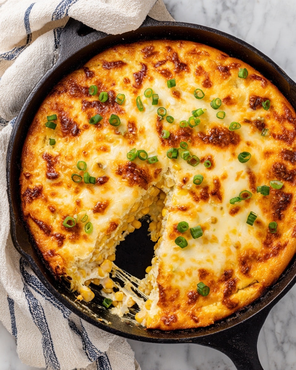 The image shows a black cast iron pan filled with a dish that has two layers: a bottom layer of yellow corn kernels and a top layer of melted, bubbly cheese that is browned in spots. The cheese layer stretches as a piece is being lifted from the pan, revealing the corn underneath. Small green sliced onions are sprinkled on top of the cheese for garnish. The pan is placed on a white marbled surface with a striped cloth partially visible nearby. Photo taken with an iphone --ar 4:5 --v 7