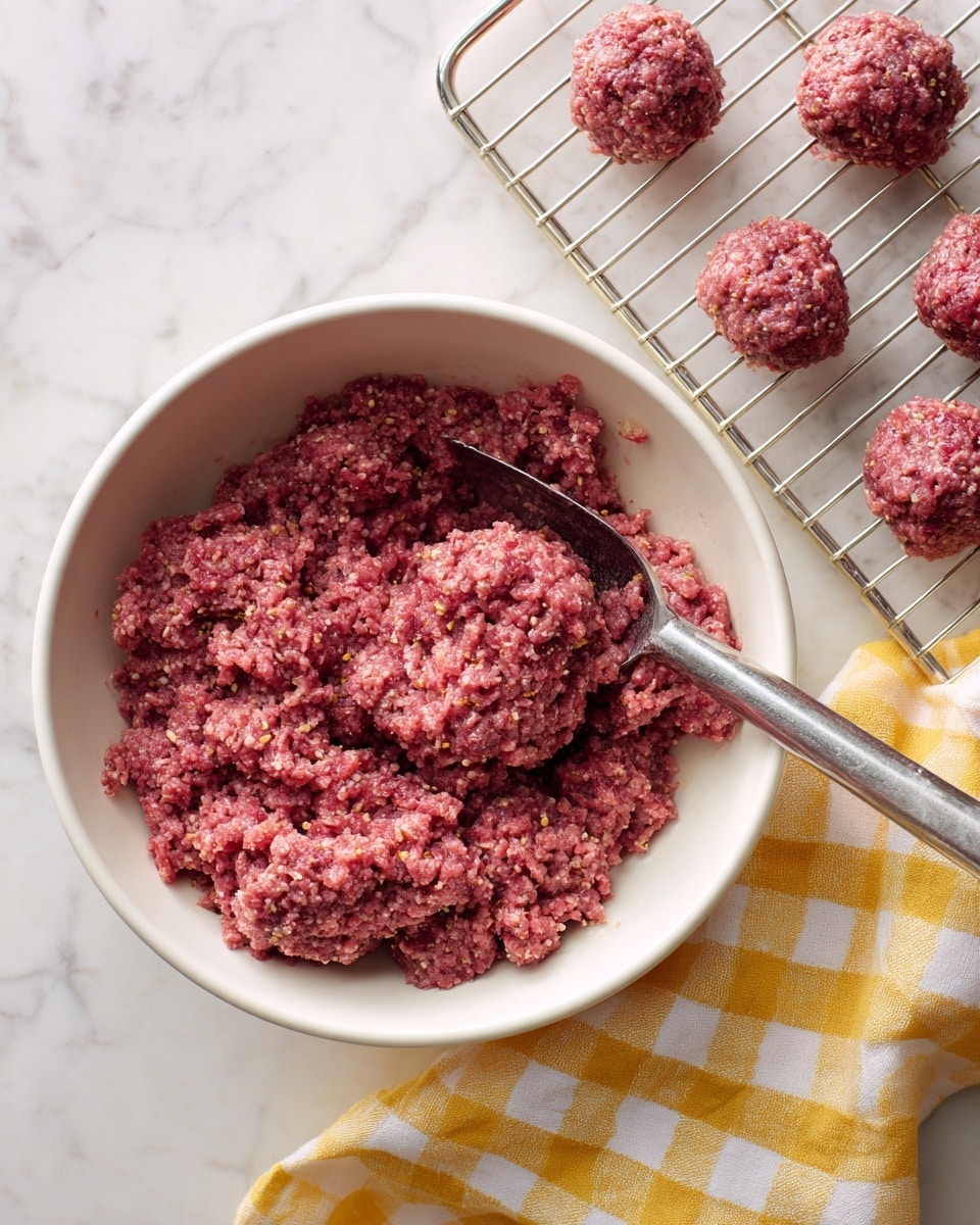 The image shows a white bowl filled with mixed raw ground meat with spices, having a textured, crumbly appearance in shades of pink and reddish-brown. Inside the bowl, there is a metal scooping tool partly buried in the meat mixture. Nearby, a white cooling rack sits on a white marbled surface, holding several evenly sized raw meatballs that are round and compact, matching the color and texture of the mixture in the bowl. Underneath the bowl, there is a yellow and white checkered cloth. The photo taken with an iphone --ar 4:5 --v 7