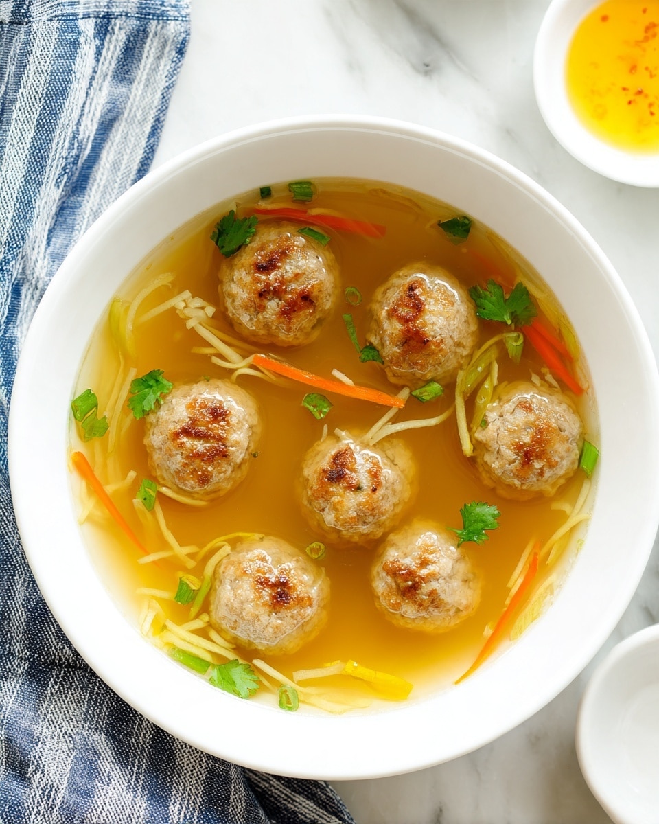 The image shows a white bowl filled with clear orange-brown broth containing six round meatballs. Thin orange carrot strips and small green chopped scallions float around the meatballs, along with small bits of cooked egg white creating a shredded texture in the soup. Small green cilantro leaves are scattered on top for garnish. The bowl sits on a white marbled surface next to a white dish of sauce and a striped cloth napkin. Photo taken with an iphone --ar 4:5 --v 7