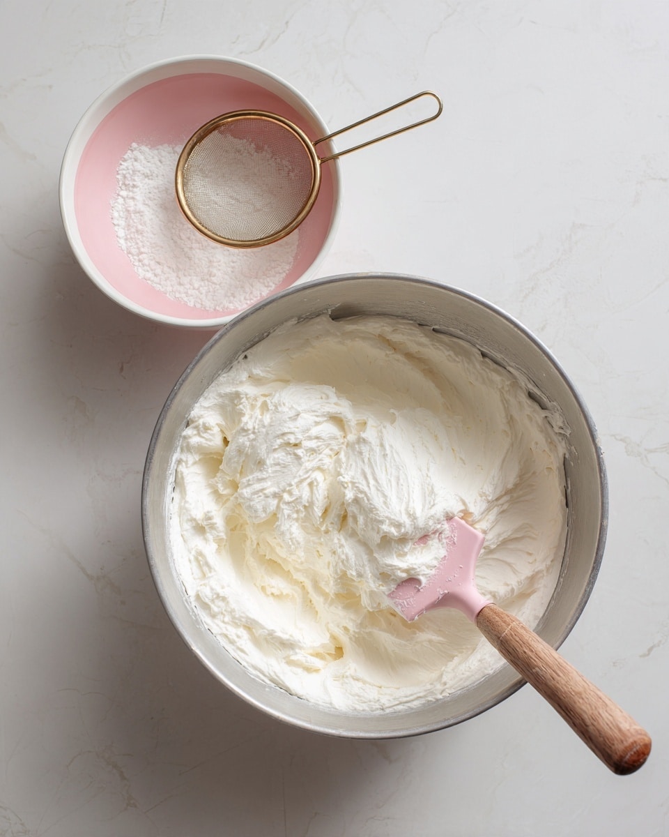 A large metal bowl filled with fluffy white whipped cream or frosting being mixed with a pink spatula that has a wooden handle. The texture of the cream looks smooth and light, with some powder being gently folded in on top. Next to the bowl, there is a white bowl with a pink inside, holding a fine gold sieve resting on its edge. Both items sit on a white marbled surface, creating a clean and bright kitchen scene. The lighting is soft, highlighting the smooth texture of the cream and the gentle powder dust. photo taken with an iphone --ar 4:5 --v 7