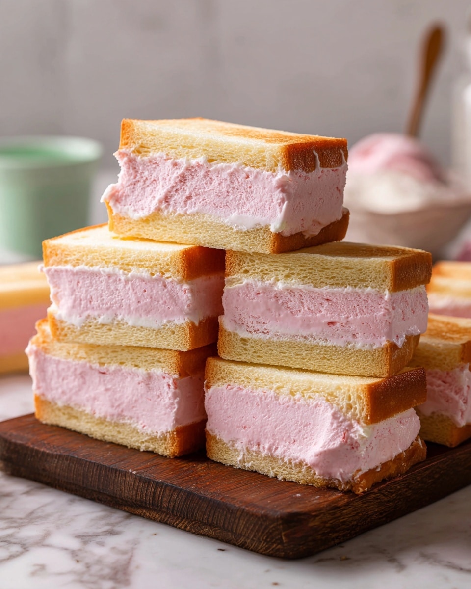 The image shows several rectangular sandwich-like pieces stacked on a rustic wooden board. Each piece has three layers: the top and bottom layers are soft, golden-toasted white bread with a slightly fluffy texture, while the middle layer is a smooth, thick light pink filling with a creamy, even surface. The pieces are arranged casually, some leaning against each other, with a background of white marbled texture. A green container is partially visible in the background. photo taken with an iphone --ar 4:5 --v 7
