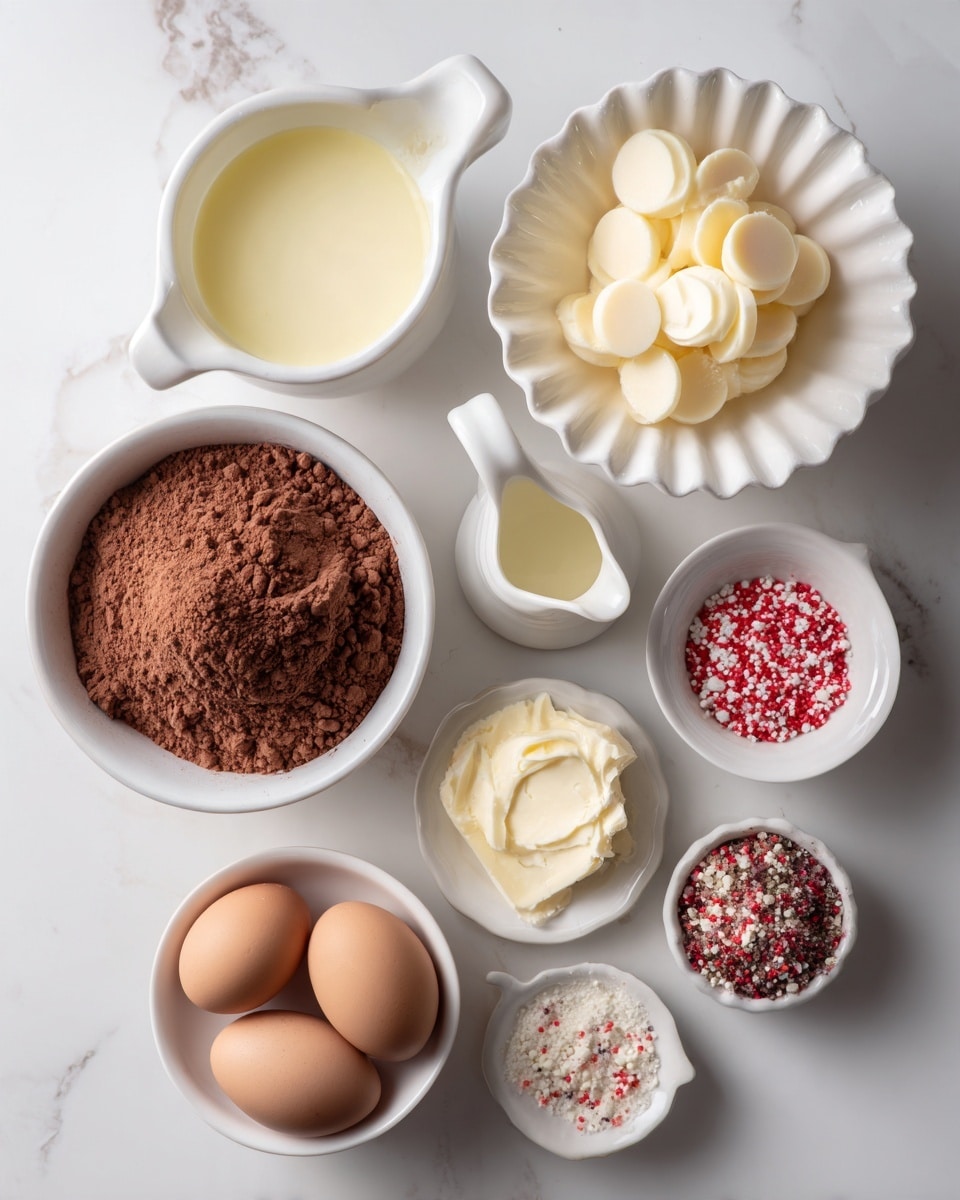The image shows seven small white bowls and pitchers arranged on a white marbled surface. The largest bowl at the bottom left is filled with light brown powdery cocoa mix. To its right, a white bowl holds white round chocolate pieces. Above this is a ruffled white bowl with a creamy white butter-like substance. Next to that, a small white pitcher holds a pale yellow liquid, likely melted butter. Another white pitcher with water sits on the upper left. Below the cocoa bowl, a small white dish holds three light brown eggs, and next to it, a small white bowl contains red and white sprinkles. The arrangement is neat and brightly lit. photo taken with an iphone --ar 4:5 --v 7