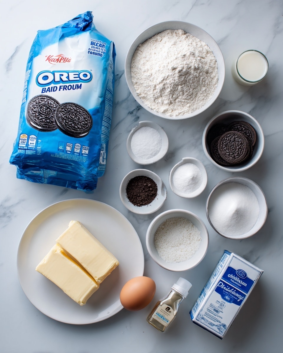 The image shows a white marbled surface with various baking ingredients neatly arranged. On the left side, there is a large blue and white bag of King Arthur Bread Flour and below it, a blue package of Oreo cookies. To the right, there is a round white bowl filled with milk at the top, followed by smaller white bowls containing white sugar, powdered sugar, yeast, and brown sugar arranged in a grid-like pattern. A white plate holds two sticks of butter placed next to a whole egg. There is also a small bowl with salt and a bottle of vanilla extract near the bottom right corner. The Philadelphia cream cheese box is placed at the lower right edge. The scene is clean and organized with good lighting. photo taken with an iphone --ar 4:5 --v 7