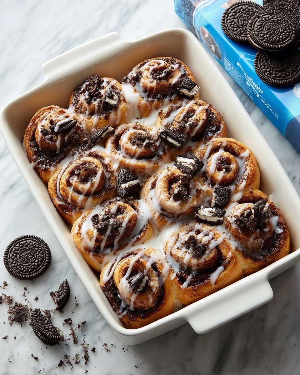 The dish is a white rectangular baking dish filled with a single layer of cinnamon rolls swirling in light brown dough with dark brown cinnamon filling. The rolls are drizzled with white icing in thin lines across the top. Broken pieces of black and white Oreo cookies are scattered unevenly over the rolls, adding a crumbly texture. The dish sits on a white marbled surface next to a blue package of Oreo cookies and some loose Oreo pieces. Photo taken with an iphone --ar 4:5 --v 7