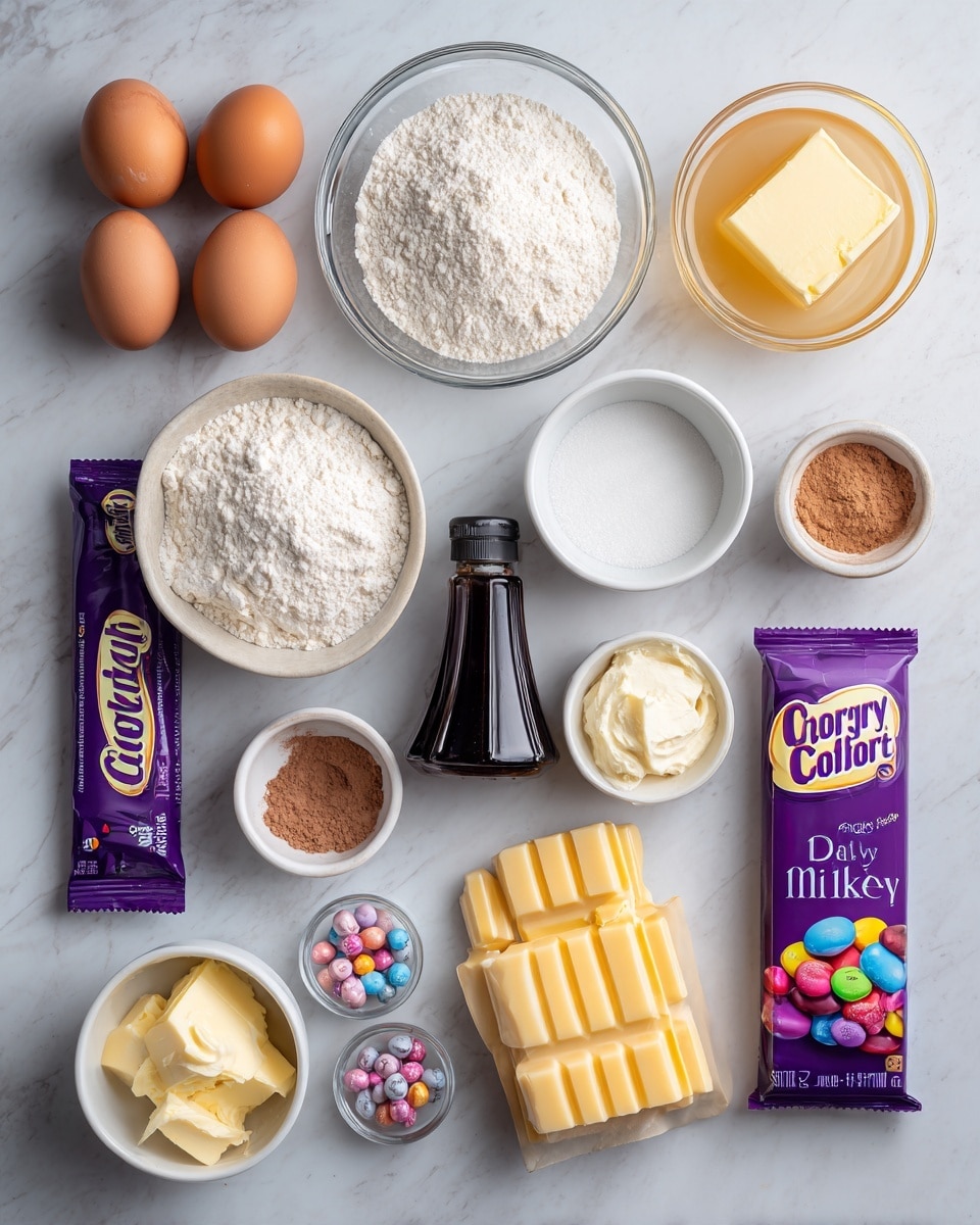 The image shows various ingredients arranged neatly on a white marbled surface. Each ingredient is placed in clear glass bowls or surrounding their packaging: two whole brown eggs, soft yellow butter in a glass bowl, white plain flour in a bowl, fine white caster sugar in another bowl, fine white icing sugar in a bowl, a small bowl with light brown baking powder, a bowl with beige double cream, a small bowl with smooth soured cream, a small bowl of light brown Cadbury drinking hot chocolate powder, a purple Cadbury Dairy Milk chocolate bar, two yellow Cadbury Flake bars, and a small white bowl filled with colorful speckled Cadbury chocolates. In the center of the layout is a dark bottle of vanilla extract. The setup is symmetric and well lit, with a clean and bright look. Photo taken with an iphone --ar 4:5 --v 7