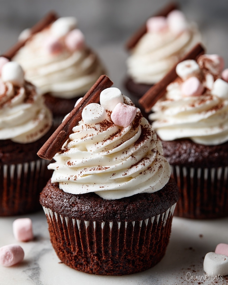 The image shows several chocolate cupcakes each in a dark brown paper cup. They have one thick layer of white whipped cream on top, swirled with a soft texture. The whipped cream is dusted with light brown cocoa powder and topped with small pale pink marshmallows and a piece of chocolate stick placed diagonally. The cupcakes are arranged on a white marbled surface with some tiny marshmallows scattered around. In the background, more similar cupcakes are visible but slightly out of focus. photo taken with an iphone --ar 4:5 --v 7