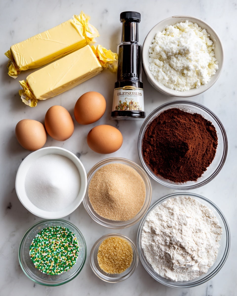 The image shows various baking ingredients arranged neatly on a white marbled surface. There are two sticks of unsalted butter wrapped in yellow paper at the top left, with three brown eggs placed in front of the butter. Below the eggs, there is a small white bowl filled with white sugar. To the right of the butter and eggs, a larger clear bowl contains dark brown cocoa powder, and next to it is a clear bowl filled with light brown sugar. Below these bowls is another clear bowl with white flour, and at the far right, a clear bowl holds white powdered sugar. At the top right, a tall black bottle of Irish cream stands upright, and near it is a small clear bowl filled with green, gold, and white sprinkles. All ingredients are labeled, and the photo is taken with an iphone --ar 4:5 --v 7