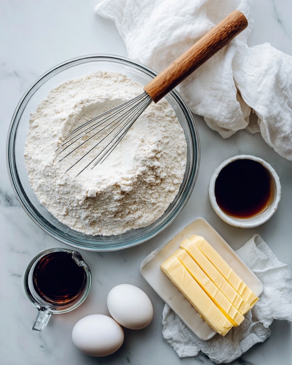 The image shows a clear glass bowl filled with white flour, with a wooden-handled whisk resting inside. Around the bowl are two eggs in a smaller clear bowl, a small white dish filled with dark syrup, two sticks of yellow butter wrapped in paper, and a glass measuring cup filled with dark liquid. All items are placed on a white marbled surface next to a crumpled white cloth napkin. The colors are soft and neutral, with a mix of white, yellow, and dark brown tones. Photo taken with an iphone --ar 4:5 --v 7